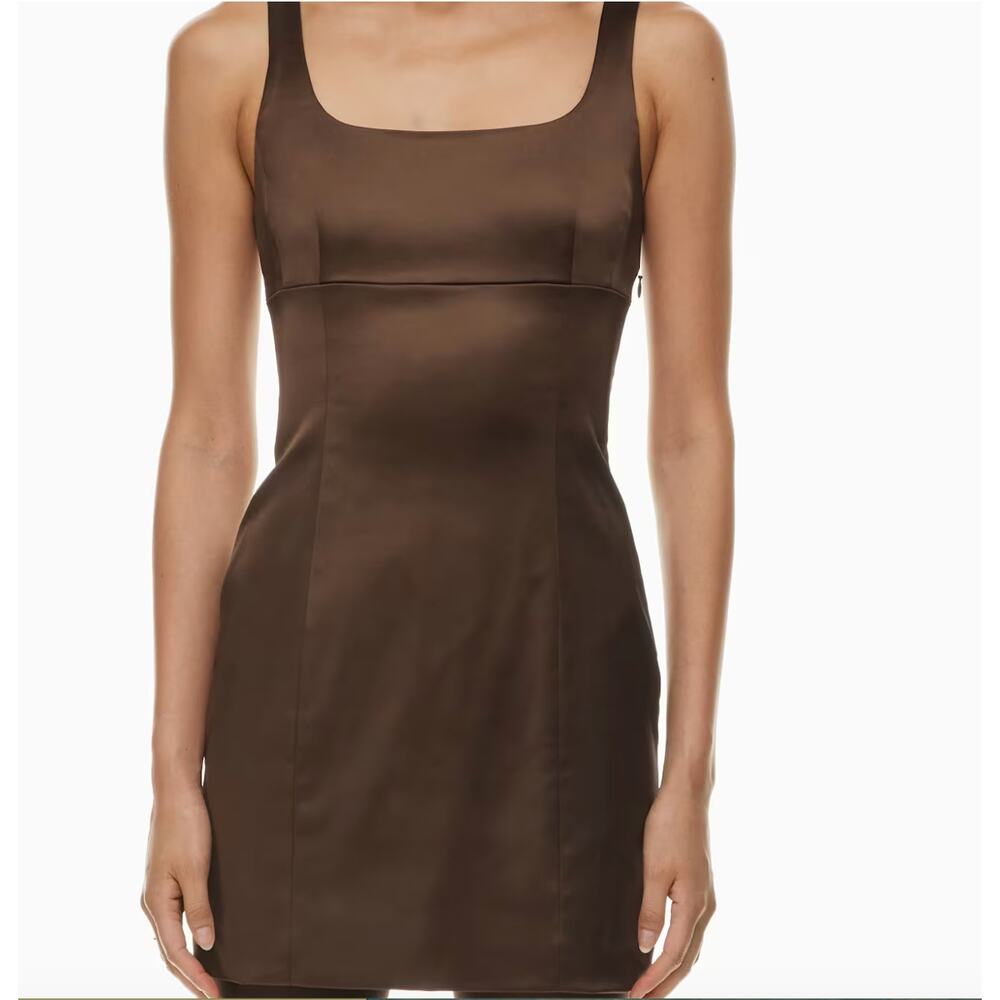 Wilfred Aritzia Cocoa Brown Shine Satin Square Neck Mini Dress Quiet Luxury SZ 6 - Picture 10 of 12